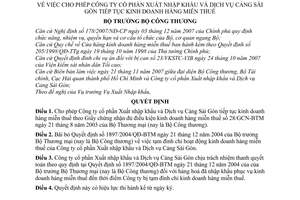 Quyết định  1678/QĐ-BCT cho phép Công ty cổ phần Xuất nhập khẩu và Dịch vụ Cảng Sài Gòn tiếp tục kinh doanh hàng miễn thuế