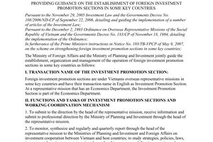Joint Circular No. 01/2008/TTLT-BKH-BNG of March 17, 2008, providing guidance on the establishment of foreign investment promotion sections in some key countries.