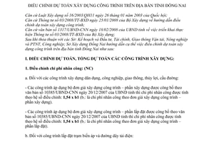 Công văn 368/HD-SXD điều chỉnh dự toán xây dựng công trình trên địa bàn tỉnh Đồng Nai