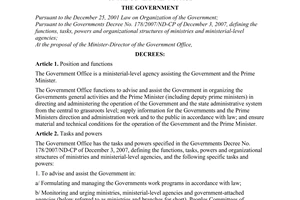 Decree No. 33/2008/ND-CP of March 19, 2008, defining the functions, tasks, powers and organizational structure of the Government Office.