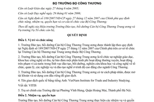 Quyết định 1773/QĐ-BCT năm 2008 chức năng Trường Đào tạo bồi dưỡng Cán bộ