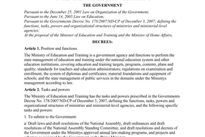 Decree No. 32/2008/ND-CP of March 19, 2008, defining the functions, tasks, powers and organizational structure of the Ministry of Education and Training.