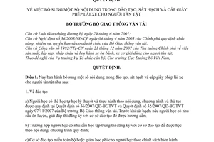 Quyết định  05/2008/QĐ-BGTVT  bổ sung nội dung trong đào tạo, sát hạch và cấp giấy phép lái xe cho người tàn tật