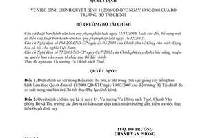 Quyết định  482/QĐ-BTC  đính chính QĐ 11/2008/QĐ-BTC