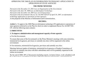 Decision No. 43/2008/QD-TTg of March 24, 2008, approving the 2008 plan on information technology application to operations of state agencies.