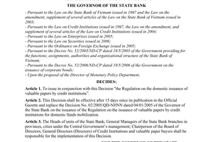 Decision No. 07/2008/QD-NHNN of March 24, 2008, on the issuance of the regulation on the domestic issuance of valuable papers by credit institutions.
