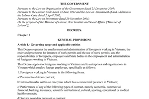 Decree No. 34/2008/ND-CP of March 25th 2008, on employment and administration of foreigners working in Vietnam