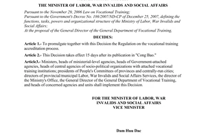 Decision No. 08/2008/QD-BLDTBXH of March 25, 2008, promulgating the regulation on the vocational training accreditation process.