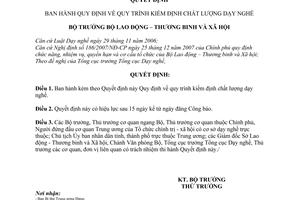 Quyết định  08/2008/QĐ-BLĐTBXH  quy định về quy trình kiểm định chất lượng dạy nghề