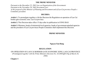 Decision No. 44/2008/QD-TTg of March 26, 2008, promulgating the regulation on operation of Lao Cai border-gate economic zone. Lao Cai province.