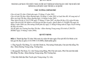 Quyết định  329/QĐ-TTg thành lập Ban Tổ chức Nhà nước kỷ niệm 60 năm ngày Chủ tịch Hồ Chí Minh ra lời kêu gọi thi đua ái quốc