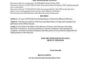 Decision No. 15/2008/QD-BTC of March 27, 2008, issuing regulations on securities [business] practice.