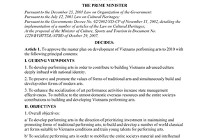 Decision No. 45/2008/QD-TTg of March 28, 2008, approving the master plan on development of vietnams performing arts to 2010.