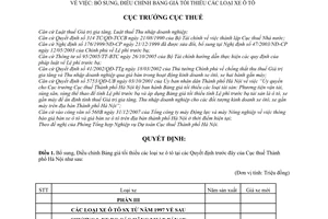 Quyết định  3507/QĐ-CT-THNVDT bổ sung, điều chỉnh bảng giá tối thiểu các loại xe ô tô