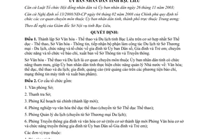 Quyết định 09/2008/QĐ-UBND thành lập Sở Văn hóa Thể thao và Du lịch Bạc Liêu