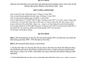 Quyết định 339/QĐ-TTg  phê duyệt phương án sắp xếp, đổi mới doanh nghiệp 100% vốn nhà nước trực thuộc Bộ Quốc phòng giai đoạn 2008 – 2010