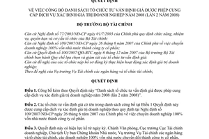 Quyết định 545/QĐ-BTC  công bố danh sách tổ chức tư vấn định giá được phép cung cấp dịch vụ xác định giá trị doanh nghiệp 2008