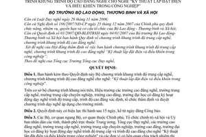 Quyết định 16/2008/QĐ-BLĐTBXH Chương trình khung trình độ trung cấp nghề, trình độ CĐ cho nghề “ỹ thuật lắp đặt điện và ĐK công nghiệp"