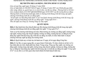 Quyết định 23/2008/QĐ-BLĐTBXH Chương trình khung trình độ trung cấp nghề, trình độ cao đẳng nghề cho nghề “Công nghệ Ô tô"