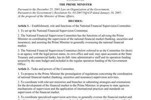 Decision No.34/2008/QD-TTg of March 03, 2008 on the establishment of the national financial supervision committee