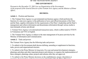 Decree of Government No.24/2008/ND-CP of March 03, 2008 defining the functions, tasks, powers and organizational structure of The Vietnam news agency