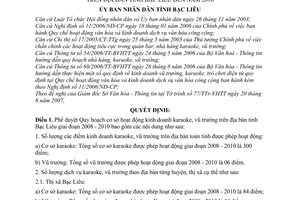 Quyết định 02/2008/QĐ-UBND phê duyệt Quy hoạch cơ sở hoạt động kinh doanh karaoke, vũ trường trên địa bàn tỉnh Bạc Liêu đến 2010