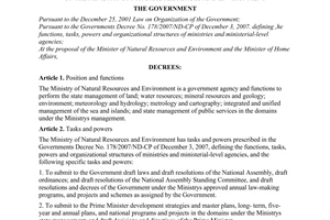 Decree No. 25/2008/ND-CP of March 4, 2008, defining the functions, tasks, powers and organizational structure of the Ministry of Natural Resources and Environment.