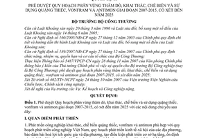 Quyết định 05/2008/QĐ-BCT phê duyệt quy hoạch phân vùng thăm dò,khai thác chế biến và sử dụng quặng thiếc,vonfram và antimon GĐ 2007-2015,đến 2025