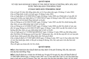 Quyết định  10/2008/QĐ-UBND  quy định về thu phí sử dụng lề đường, bến, bãi, mặt nước trên địa bàn tỉnh Đồng Tháp