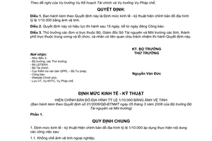 Quyết định  01/2008/QĐ-BTNMT định mức kinh tế - kỹ thuật hiện chỉnh bản đồ địa hình tỷ lệ 1/10.000 bằng ảnh vệ tinh