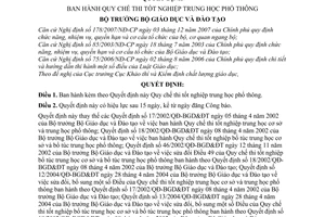 Quyết định  08/2008/QĐ-BGDĐT  quy chế thi tốt nghiệp trung học phổ thông