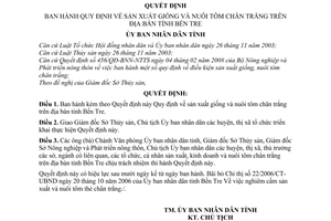 Quyết định  05/2008/QĐ-UBND  quy định về sản xuất giống và nuôi tôm chân trắng trên địa bàn tỉnh Bến Tre