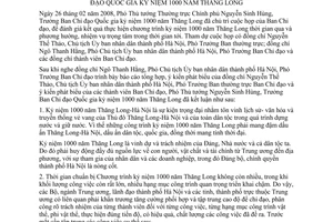 Thông báo 58/TB-VPCP kết luận Phó Thủ tướng Nguyễn Sinh Hùng cuộc họp Ban chỉ đạo quốc gia kỷ niệm 1000 năm Thăng Long