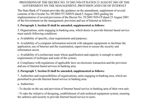 Circular No. 01/2008/TT-NHNN of March 10, 2008, on the amendment, supplement of the Circular No. 09/2003/TT-NHNN dated 5 August 2003 guiding the implementation of several provisions of the Decree No. 55/2001/ND-CP dated 23 August 2001 of the Government on the management, provision and use of internet