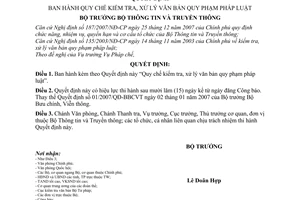 Quyết định 04/2008/QĐ-BTTTT quy chế kiểm tra, xử lý văn bản quy phạm pháp luật