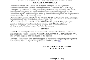 Decision No. 13/2008/QD-BTC of March 11, 2008 amending preferential import tax rates for motorcars for the transport of persons in the preferential import tariff