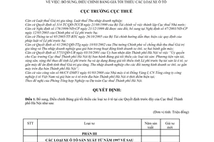 Quyết định  2819/QĐ-CT-THNVDT  bổ sung, điều chỉnh bảng giá tối thiểu các loại xe ô tô