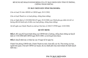 Quyết định 549/2008/QĐ-UBND bổ sung Kế hoạch hành động phòng chống tham nhũng Thanh Hóa
