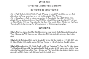 Quyết định  1476/QĐ-BCT  xếp loại mỏ theo khí mêtan