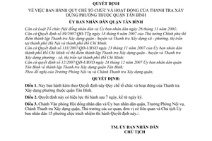 Quyết định  04/2008/QĐ-UBND quy chế tổ chức và hoạt động của Thanh tra xây dựng phường thuộc quận Tân Bình