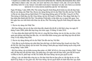 Thông báo 65/TB-VPCP ý kiến Phó Thủ tướng Nguyễn Sinh Hùng buổi kiểm tra tiến độ thực hiện 3 dự án dự án xây dựng cầu Nhật Tân sân bay Nội Bài