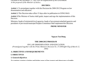 Decision No. 37/2008/QD-TTg of March 12, 2008, approving the 2008-2012 program on Law Dissemination and Education
