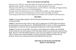 Decision No. 06/2008/QD-NHNN of March 12, 2008, promulgating the regulation on rating of joint stock Commercial Banks.