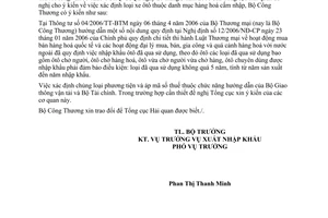 Công văn  2674/BCT-XNK Phân loại xe ôtô nhập khẩu