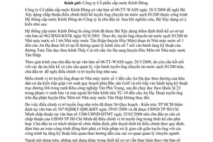 Công văn 37/BXD-KSTK Trả lời về việc điều chỉnh thiết kế tuyến ống chuyển tải nước sạch thuộc Hệ thống cấp nước Kênh Đông