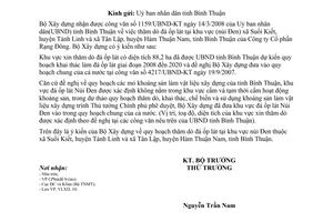 Công văn 673/BXD-VLXD Quy hoạch thăm dò đá ốp lát tại khu vực xã Suối Kiết, huyện Tánh Linh và xã Tân Lập, huyện Hàm Thuận Nam, tỉnh Bình Thuận
