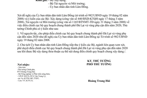 Công văn  580/TTg-KTN điều chỉnh cục bộ quy hoạch chung  Đà Lạt và vùng phụ cận đến  2020.