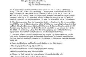 Công văn  595/TTg-KTN điều chỉnh, bổ sung các KCN của tỉnh Tây Ninh vào Quy hoạch phát triển các KCN ở Việt Nam