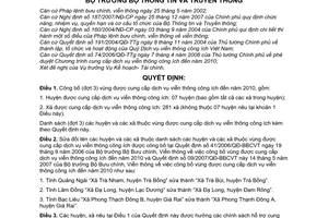 Quyết định  15/2008/QĐ-BTTTT  sửa đổi vùng được cung cấp dịch vụ viễn thông công ích đến 2010