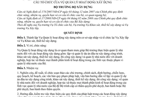 Quyết định 463/QĐ-BXD  thành lập và quy định chức năng, nhiệm vụ, quyền hạn, cơ cấu tổ chức của Vụ Quản lý hoạt động xây dựng